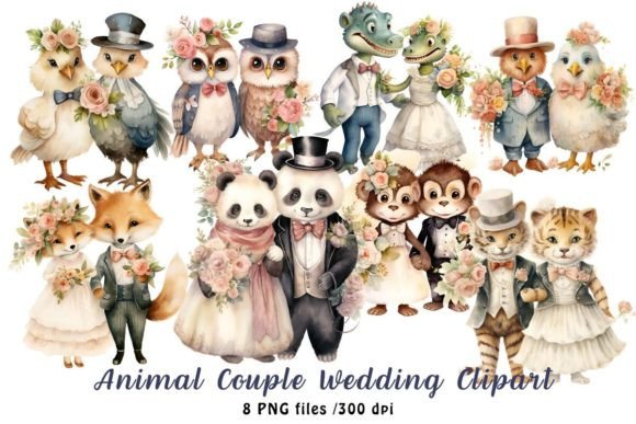 Animal Couple Wedding Watercolor Clipart for Charming Wedding Designs