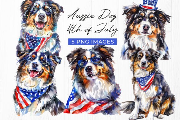 Aussie Dog 4th July Watercolor PNG Set