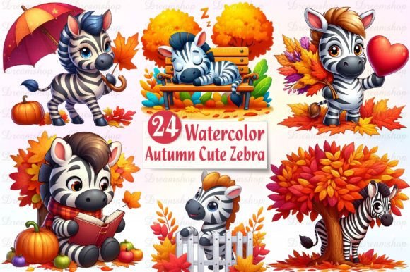 Autumn Cute Zebra Watercolor Clipart Set