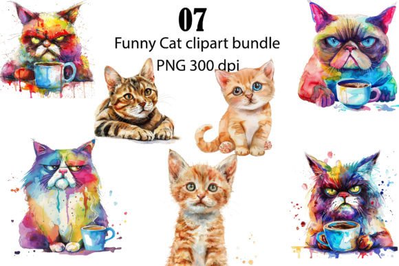 Colorful Cat Watercolor Clipart Bundle