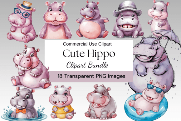 Cute Hippo Watercolor Clipart: A Playful Design Asset