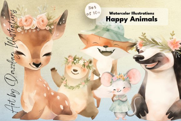 Happy Animals Watercolor Collection for Design