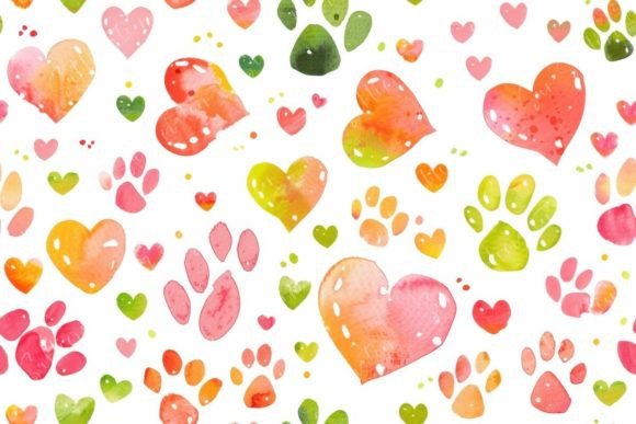 Hearts and Paws Watercolor Seamless