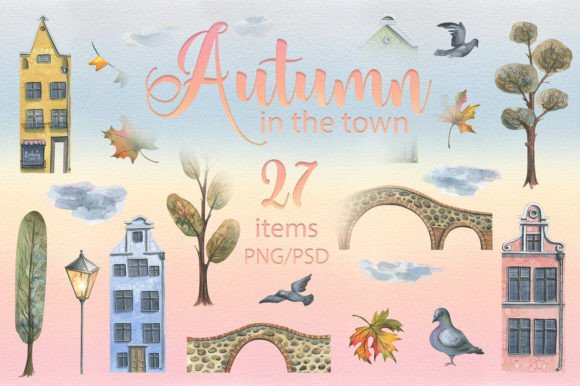 Houses in Autumn Watercolor Clip Art