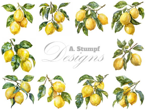 Lemons on a Branch Watercolor Clipart Set