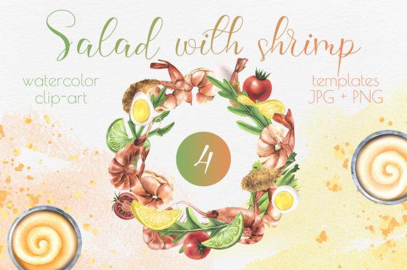 Shrimp with Dishes Watercolor Templates for Creatives
