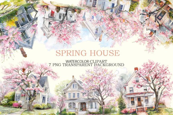 Spring House Watercolor Clipart Bundle for Warm, Organic Branding