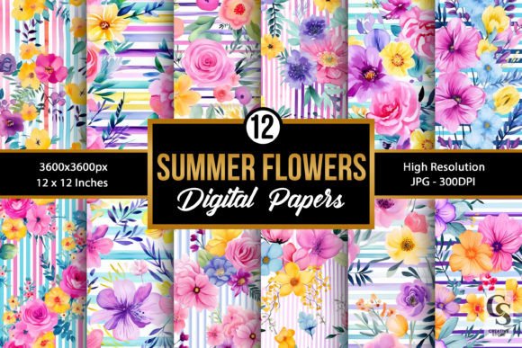 Summer Watercolor Flower Stripes Pattern