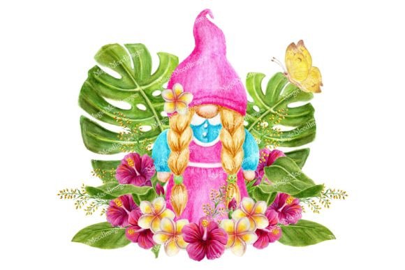 Tropical Gnome Girl Watercolor Palm Leaf