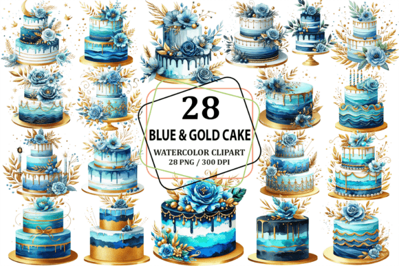 Watercolor Blue Gold Cake Clipart PNG for Design