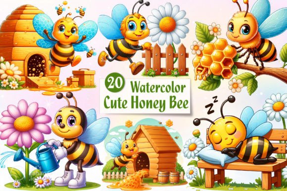 Watercolor Cute Honey Bee Clipart Bundle