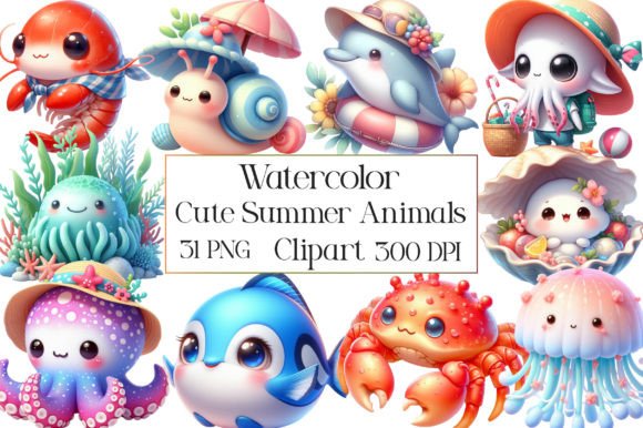 Watercolor Cute Summer Animals Clipart