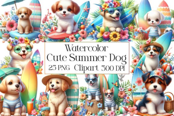 Watercolor Cute Summer Dog Clipart