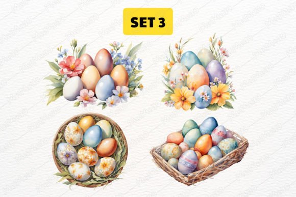 Watercolor Easter Egg Nest and Flowers