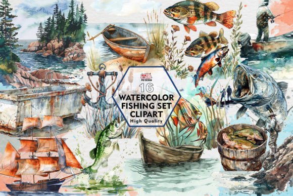 Watercolor Fishing Set Clipart PNG