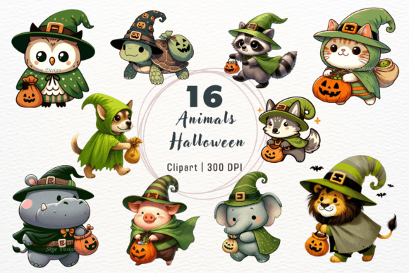 Watercolor Halloween Animals Clipart