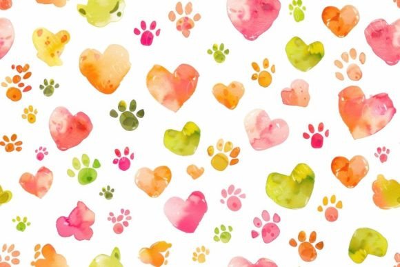 Watercolor Hearts and Paws Seamless Pattern for Creatives