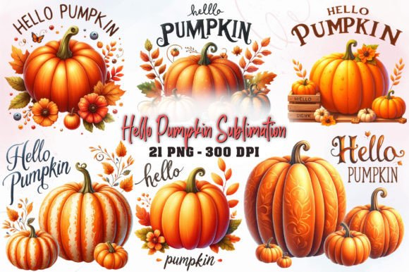 Watercolor Hello Pumpkin Sublimation PNG for Fall Designs
