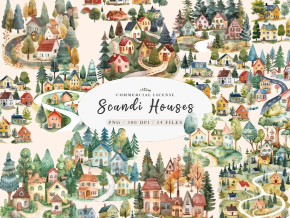 Watercolor House Clipart: Nordic Style Design