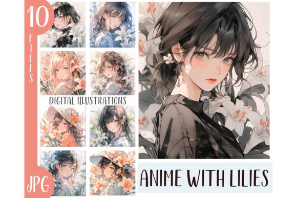Watercolor Lilies Girl Anime Clipart for Design Projects