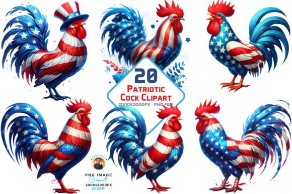 Watercolor Patriotic Cock Clipart Bundle