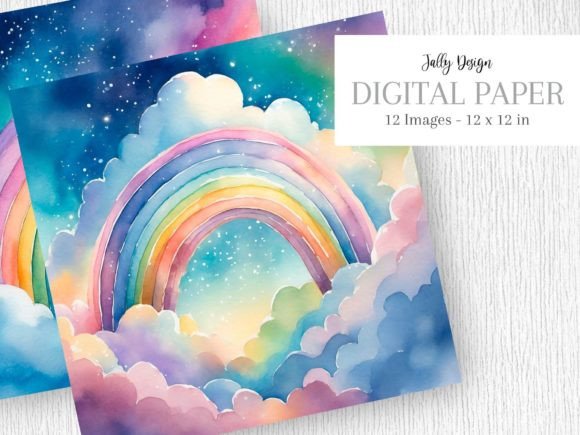 Watercolor Rainbow and Clouds in the Sky