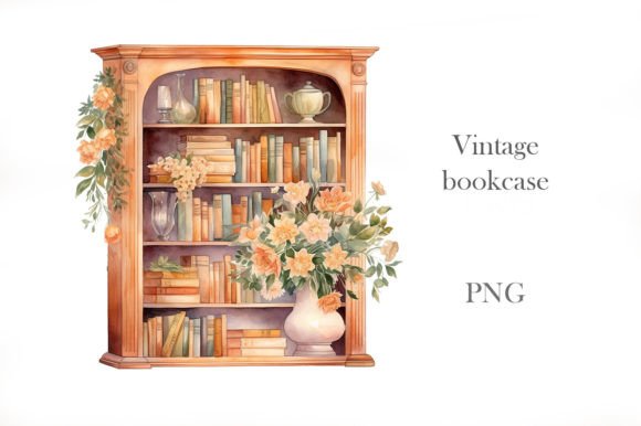 Watercolor Vintage Bookcase