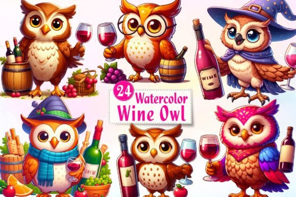 Watercolor Wine Owl Sublimation Clipart for Creative Projects